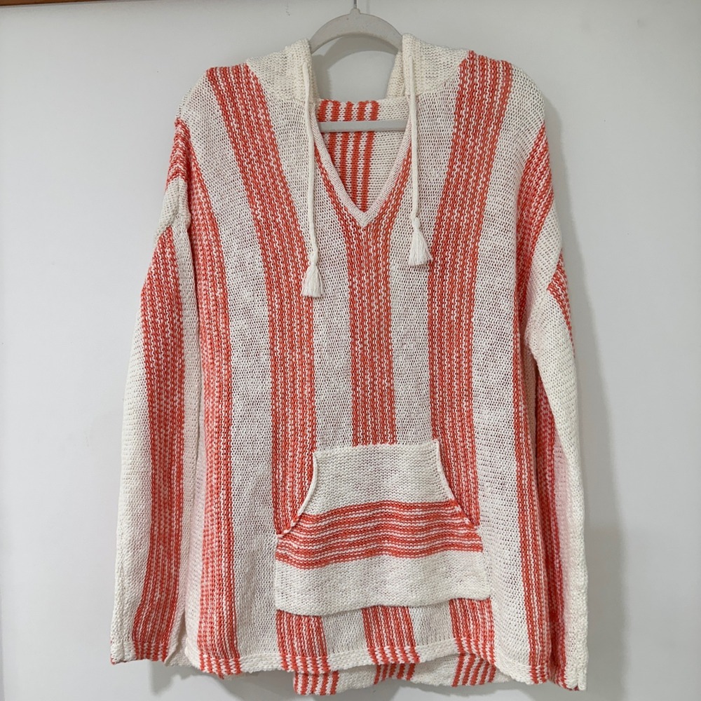 Striped Baja Knit Hoodie Women Size M Orange White Tassels | Coastal